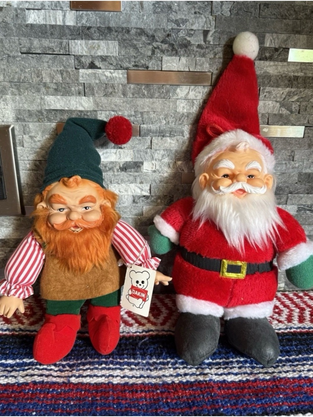 Vintage Dakin' Santa and Elf Plush Set - Red, Green, White